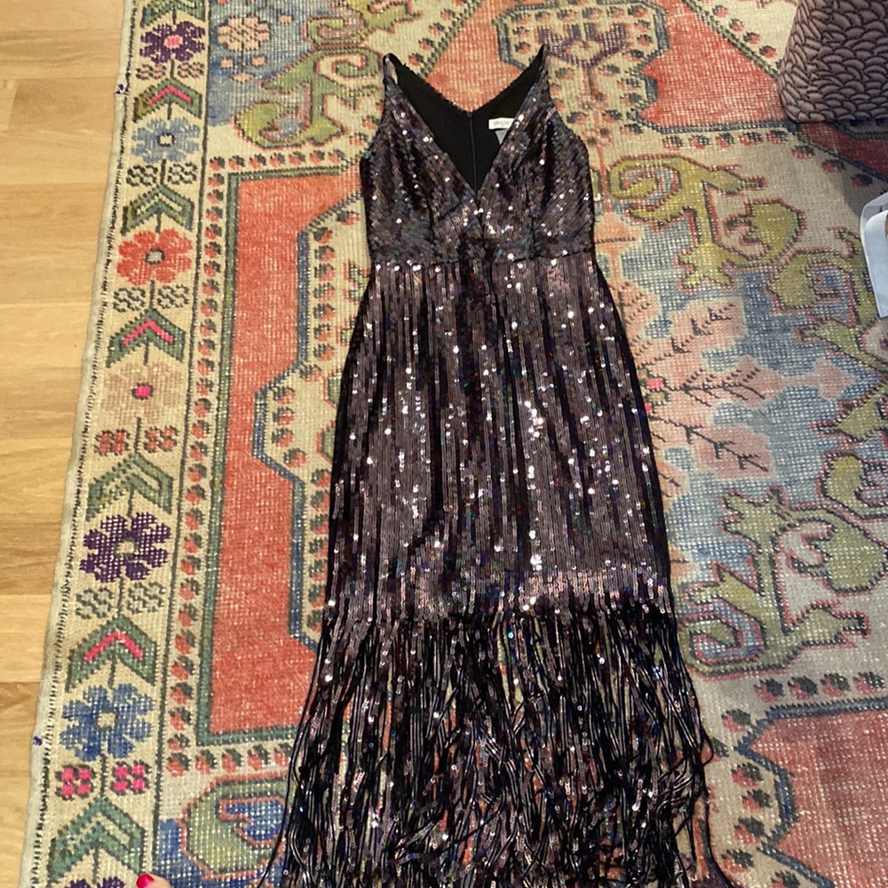 Dress the population black sequined fringe dress size small. NWT